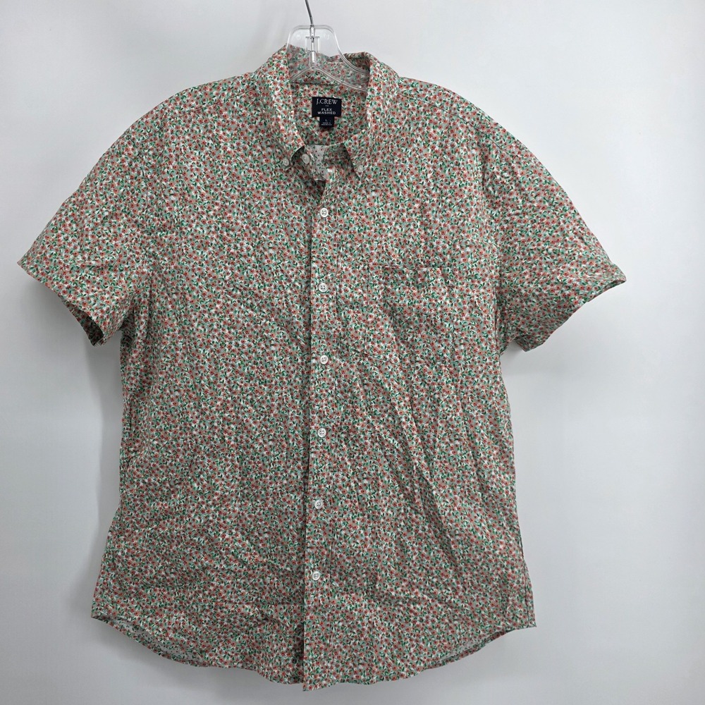 Men's J Crew Flex Washed Floral Print Short Sleeve Button Down Shirt Large Green